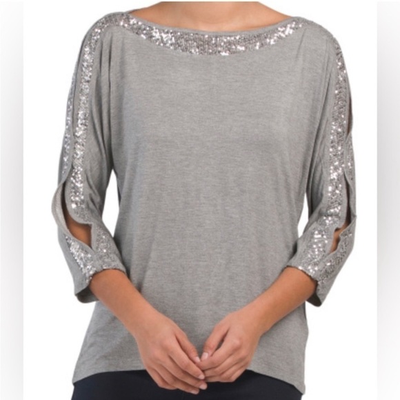 Cable & Gauge Gray Silver Sequin Blouse Dolman Open Slit Sleeve Size XS - Picture 2 of 14